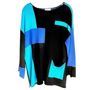 Terra SJ Apparel Blue Black Oversize Color Block Geometric Print Sweater Size L